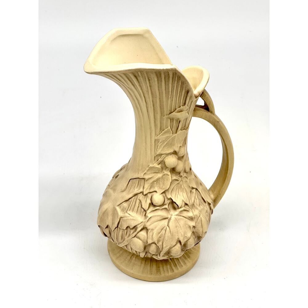 Vintage McCoy Art Pottery Grape Leaf Vine Pitcher Vase Ewer Mustard Harvest Gold